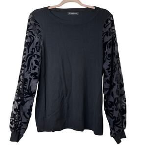 Md INC Velvet Burnout Sheer Sleeve Sweater Top Black Whimsigoth Witchy Gothic